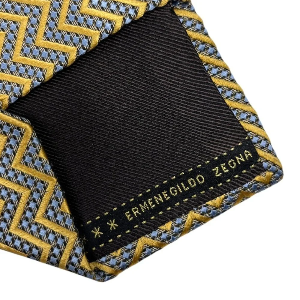 Ermenegildo Zegna Silk Tie Yellow‑Gold & Blue‑Gray Geometric Italy 3.3” x 58